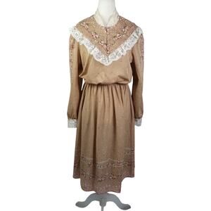 Vintage 70s Tan and Pink Floral Lace Trim Prairie Midi Dress L